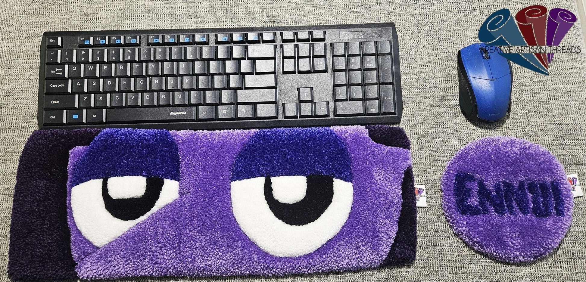 Handmade Plush Tufted "EYES" Keyboard Pad - Ennui with Writs rest - Kreative Artisan Threads