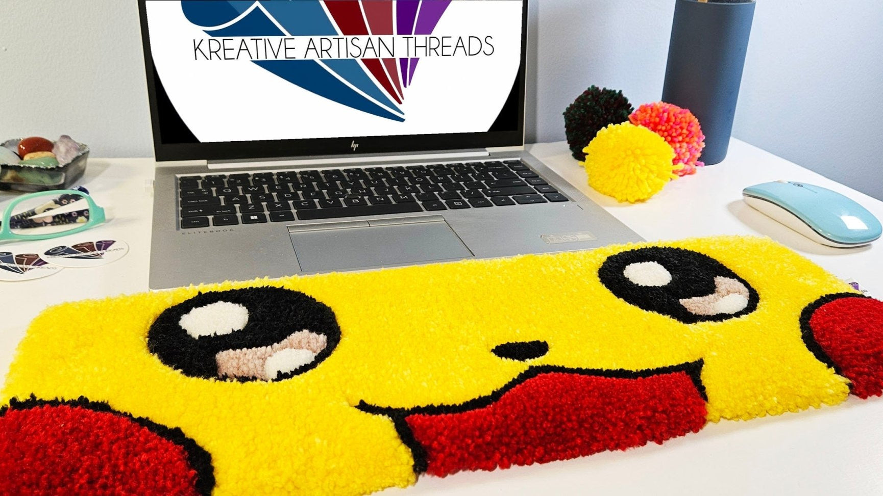 Handmade Plush Tufted Keyboard Rug "Anime Eyes" - Pikachu - Kreative Artisan Threads