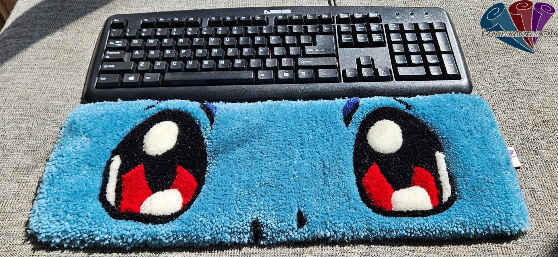 Handmade Plush Tufted Keyboard Rug "Anime Eyes" - Squirtle - Kreative Artisan Threads