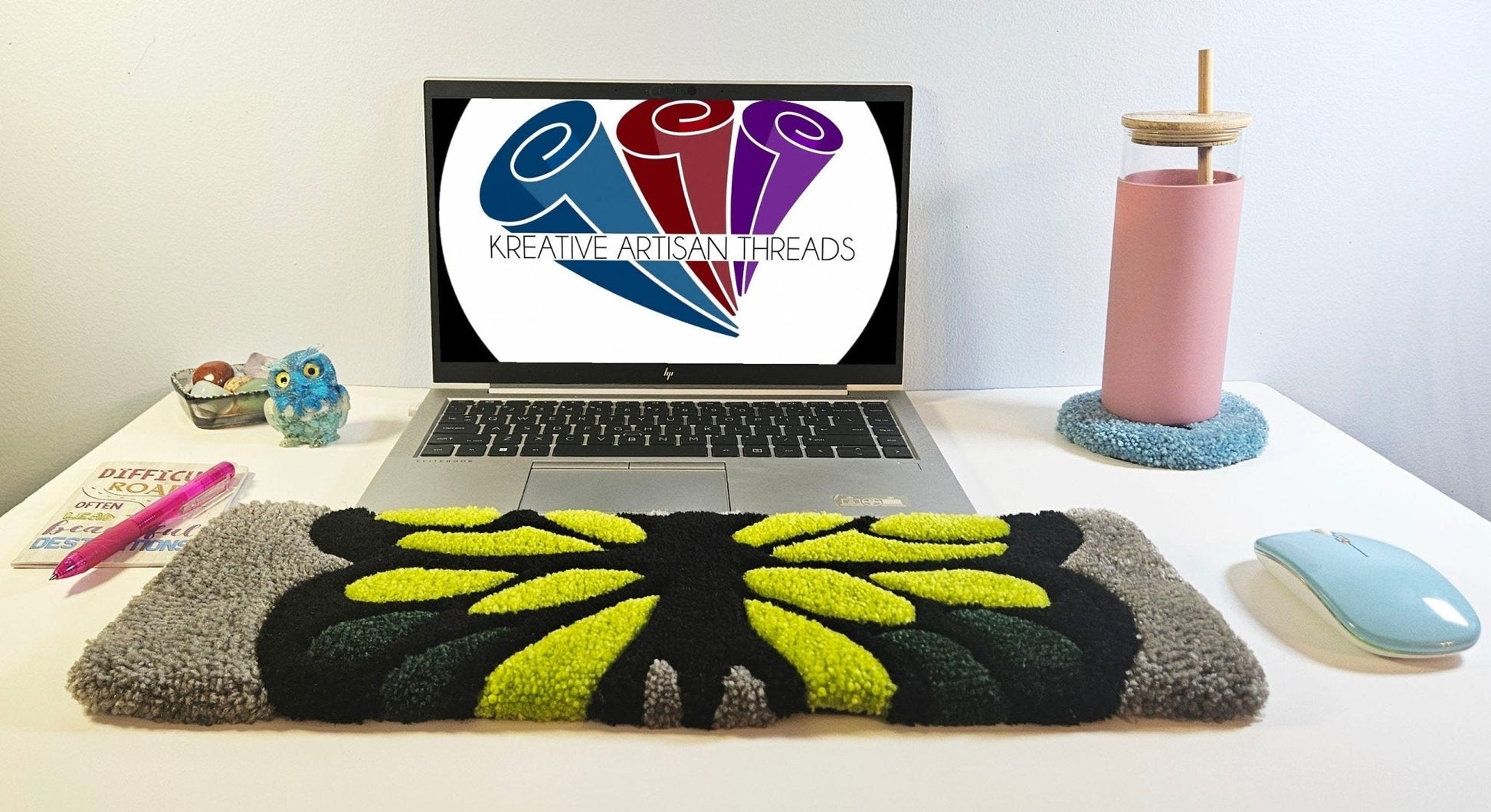 Handmade Plush Tufted Keyboard Rug - Green Butterfly - Kreative Artisan Threads