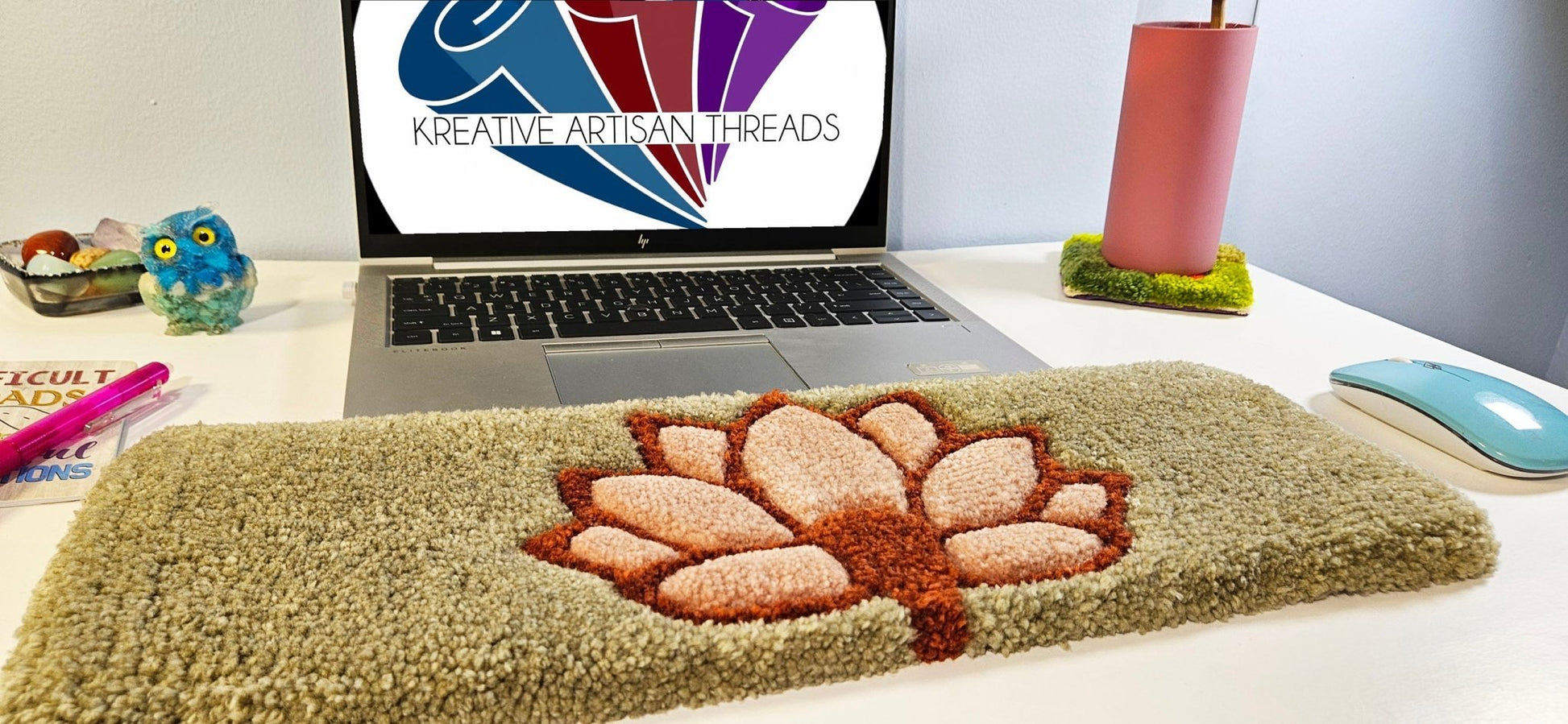 Handmade Plush Tufted Keyboard Rug - The Lotus Fan - Kreative Artisan Threads