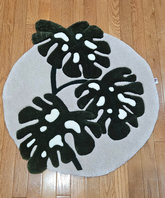 Monstera Fiber Art Rug – Hand - Tufted Plush Botanical Wall Hanging or Floor Art | Hypoallergenic Soft Sculpture - Kreative Artisan Threads