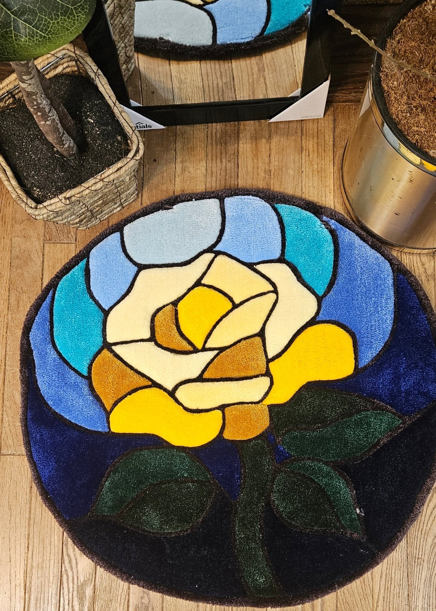 Stained Glass Rose Fiber Art Rug – Hand - Tufted Plush Botanical Wall Hanging or Floor Art | Hypoallergenic Soft Sculpture - Kreative Artisan Threads