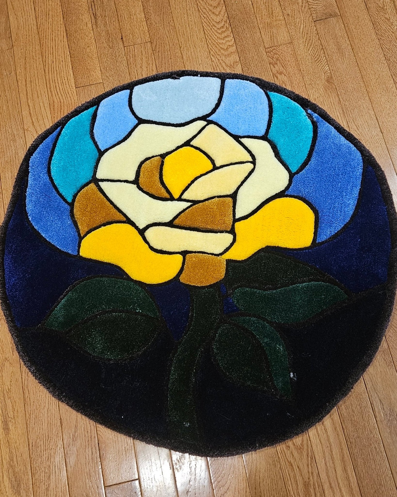 Stained Glass Rose Fiber Art Rug – Hand - Tufted Plush Botanical Wall Hanging or Floor Art | Hypoallergenic Soft Sculpture - Kreative Artisan Threads