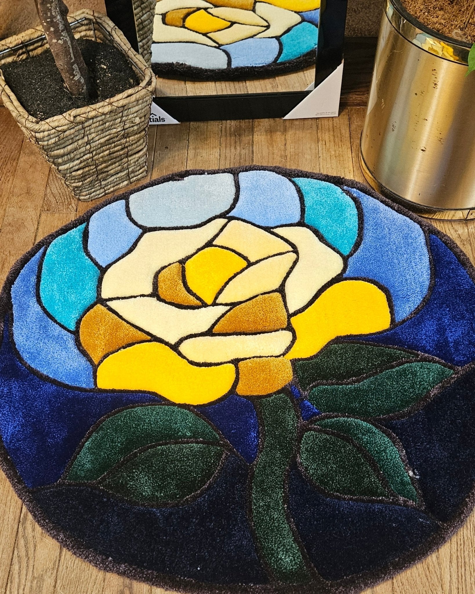 Stained Glass Rose Fiber Art Rug – Hand - Tufted Plush Botanical Wall Hanging or Floor Art | Hypoallergenic Soft Sculpture - Kreative Artisan Threads