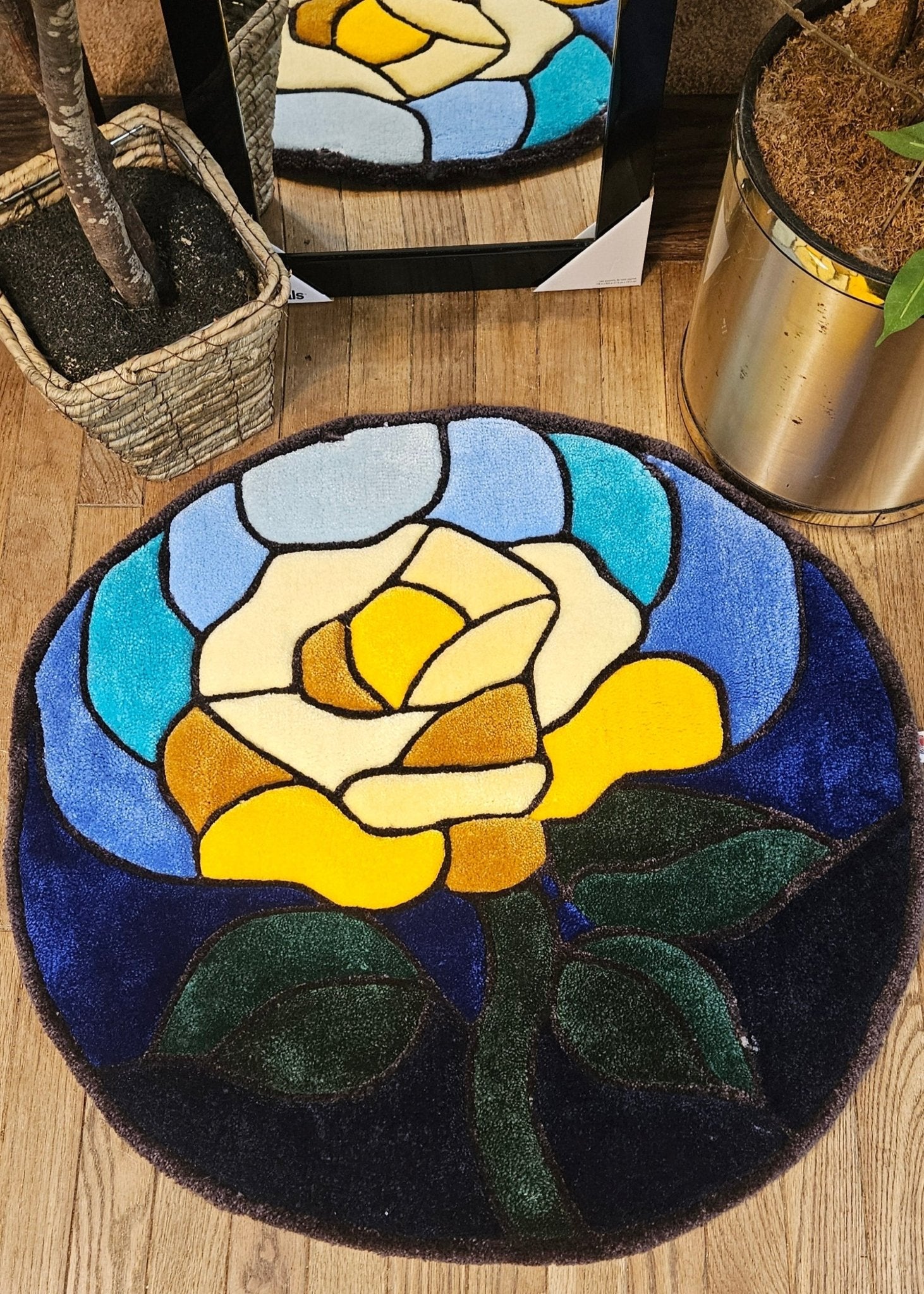 Stained Glass Rose Fiber Art Rug – Hand - Tufted Plush Botanical Wall Hanging or Floor Art | Hypoallergenic Soft Sculpture - Kreative Artisan Threads