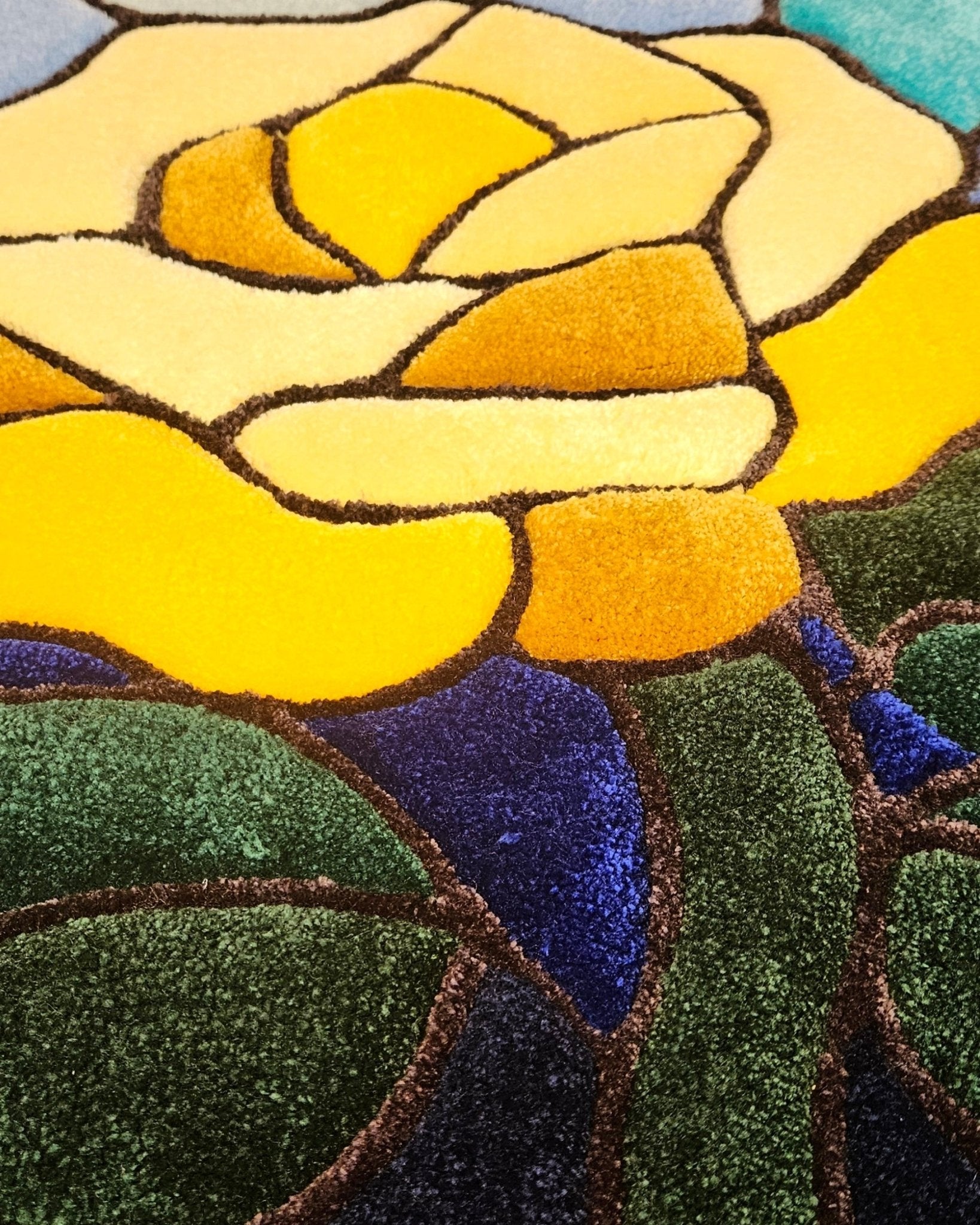 Stained Glass Rose Fiber Art Rug – Hand - Tufted Plush Botanical Wall Hanging or Floor Art | Hypoallergenic Soft Sculpture - Kreative Artisan Threads