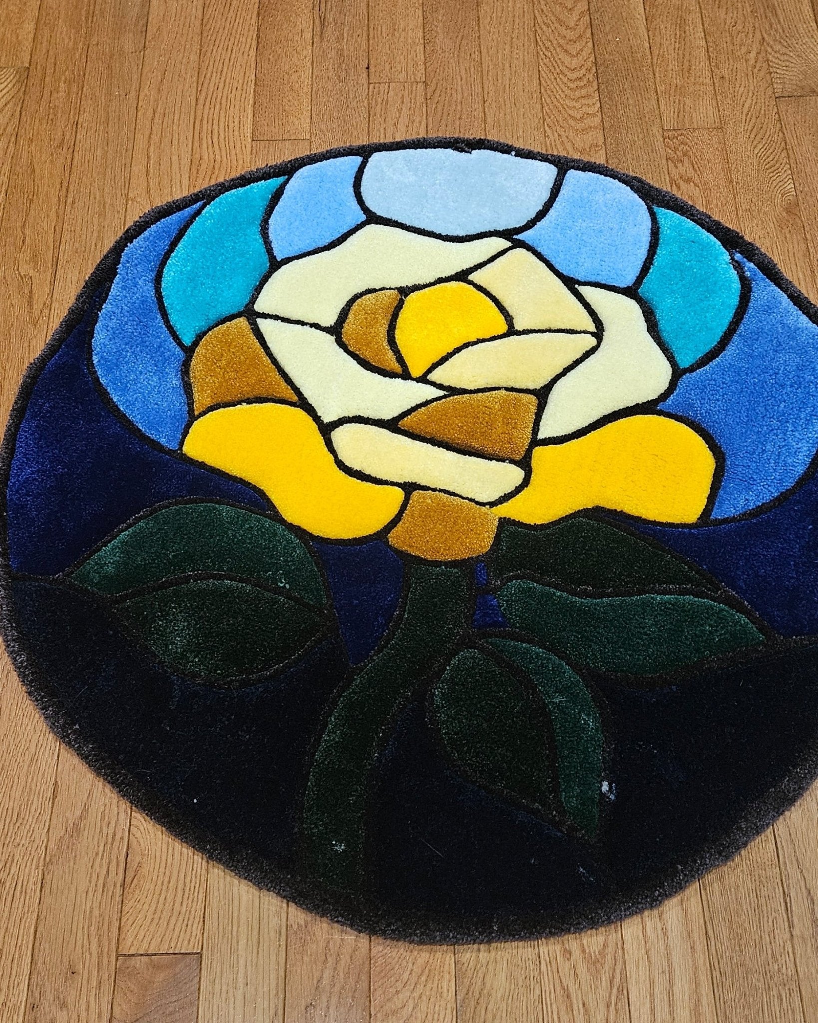Stained Glass Rose Fiber Art Rug – Hand - Tufted Plush Botanical Wall Hanging or Floor Art | Hypoallergenic Soft Sculpture - Kreative Artisan Threads