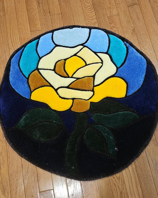 Stained Glass Rose Fiber Art Rug – Hand - Tufted Plush Botanical Wall Hanging or Floor Art | Hypoallergenic Soft Sculpture - Kreative Artisan Threads