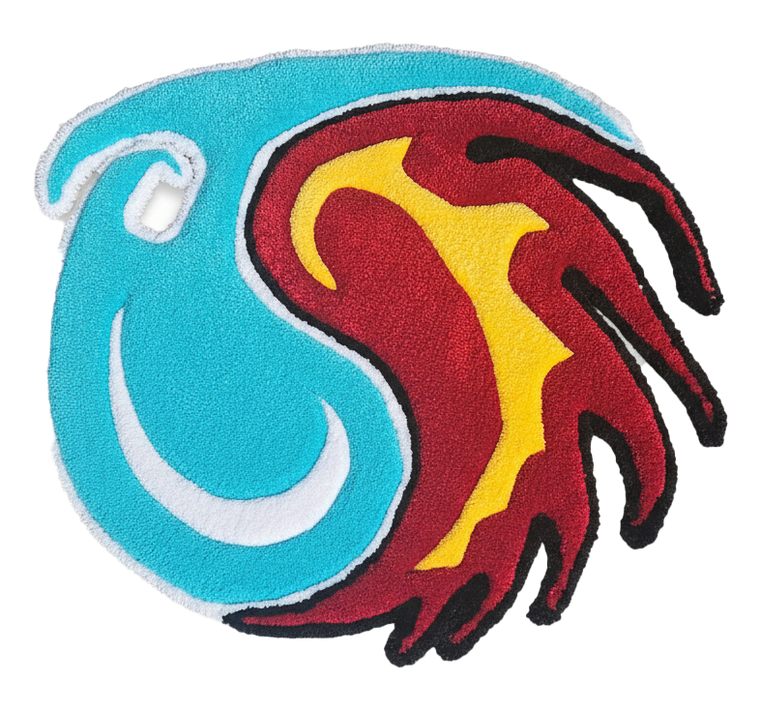 Fire and Water hand-tufted functional fiber art in a red, yellow, blue, and white yin-yang design