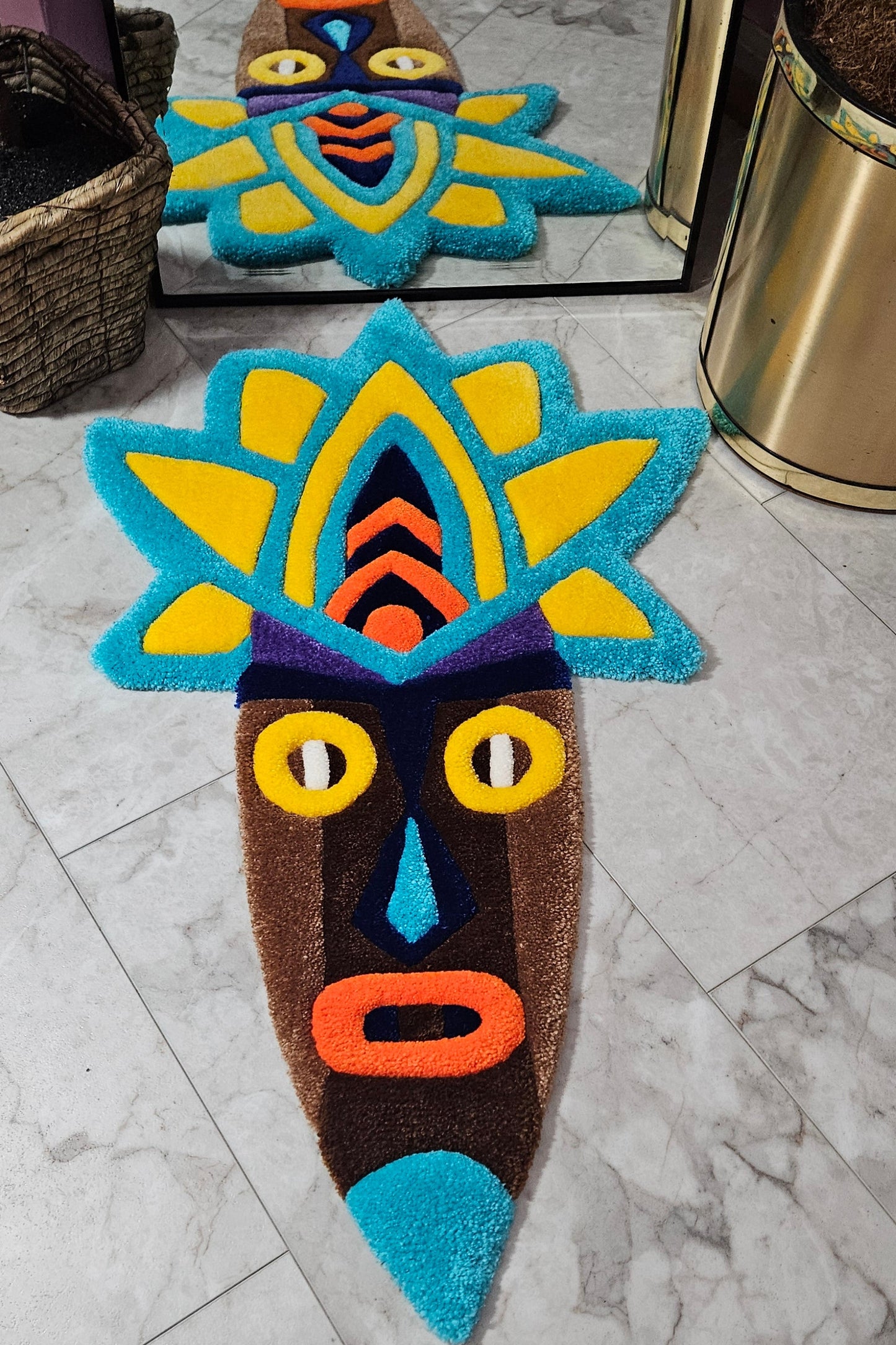 Radiant Tribal Mask: Hand-Tufted Rug Masterpiece