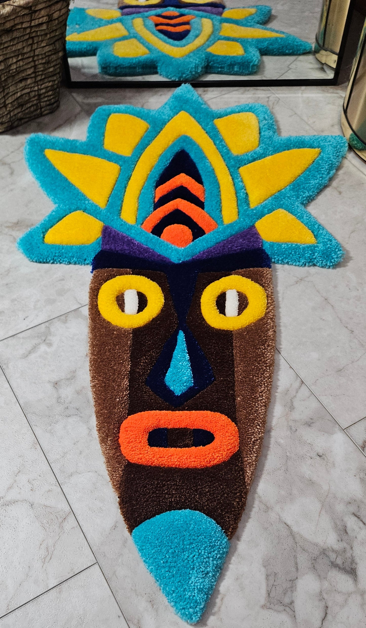 Radiant Tribal Mask: Hand-Tufted Rug Masterpiece