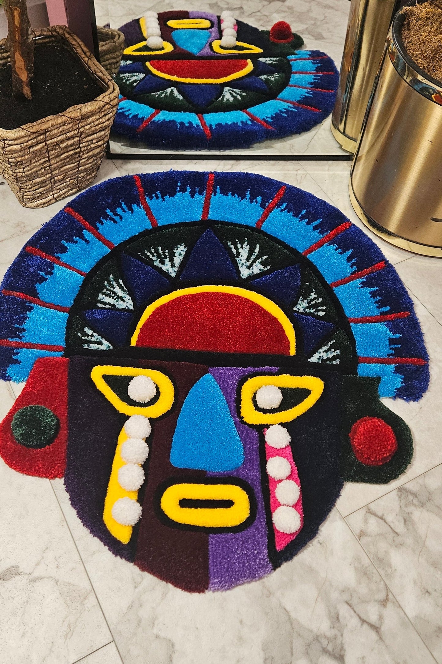 Vibrant Tribal Mask: Hand-Tufted Fiber Art Rug