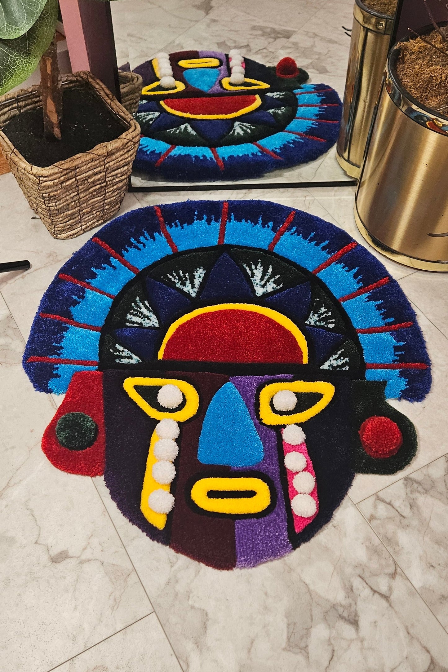 Vibrant Tribal Mask: Hand-Tufted Fiber Art Rug