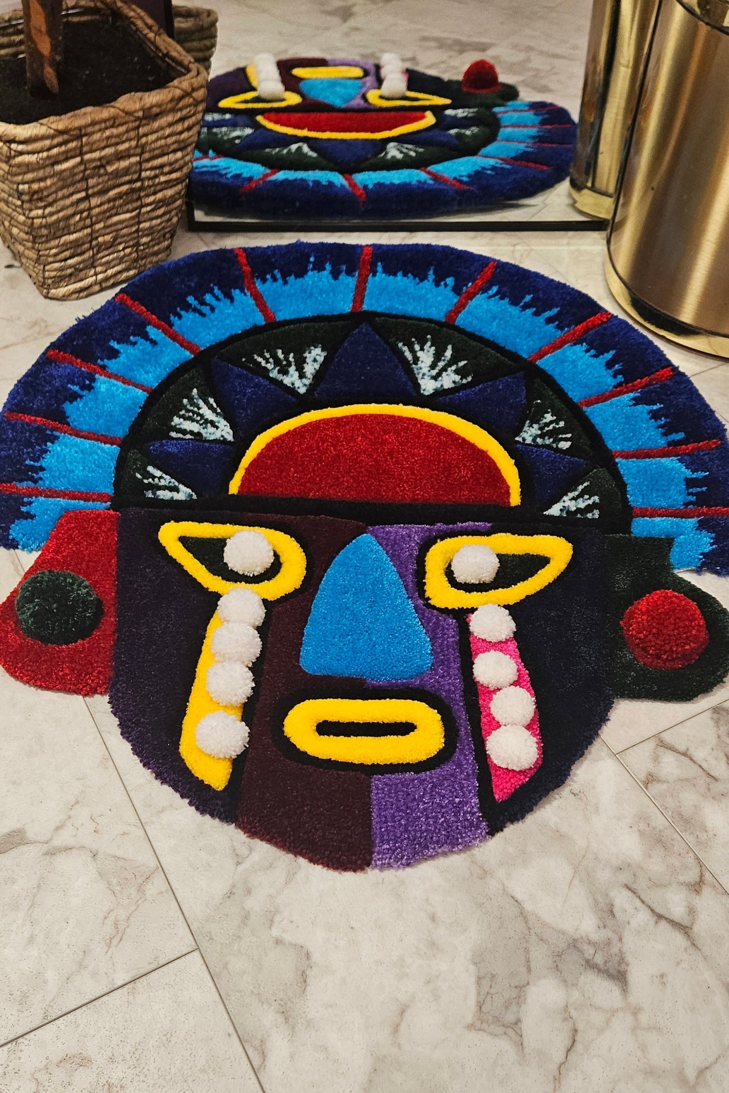 Vibrant Tribal Mask: Hand-Tufted Fiber Art Rug