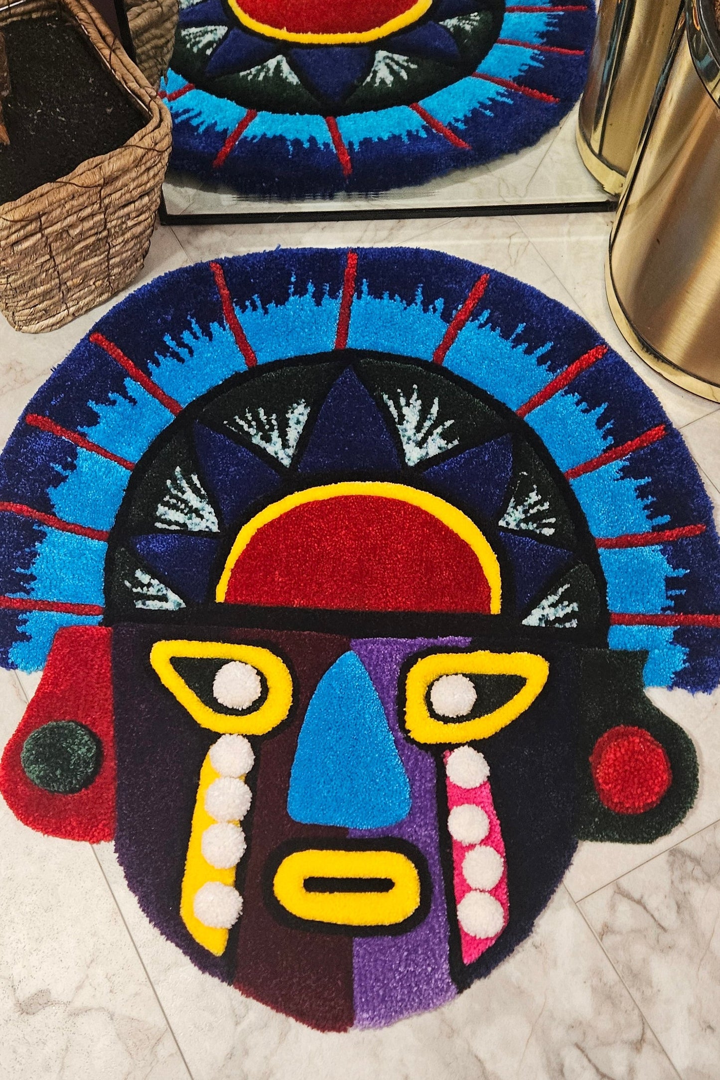 Vibrant Tribal Mask: Hand-Tufted Fiber Art Rug