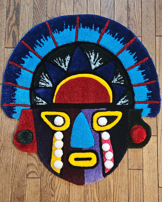 Vibrant Tribal Mask: Hand-Tufted Fiber Art Rug