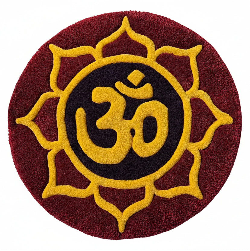 Round mat with yellow Om symbol on a red background