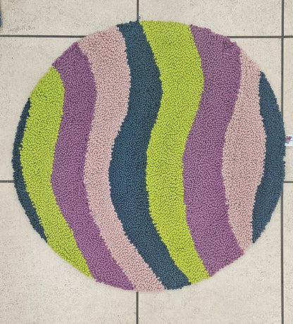 80s Yes round loop-pile functional fiber art in lime, purple, pink, and blue