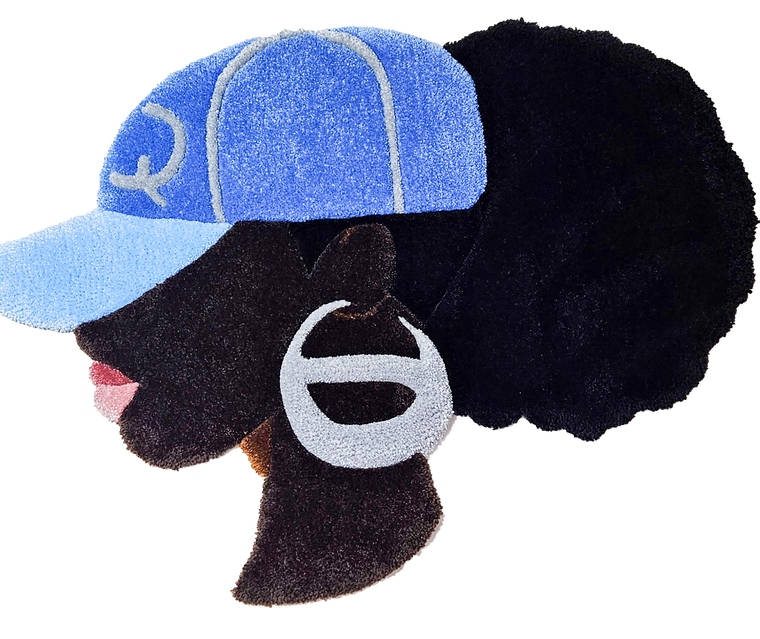 Baseball Queen Afrocentric hand-tufted functional fiber art with blue cap and hoop earring