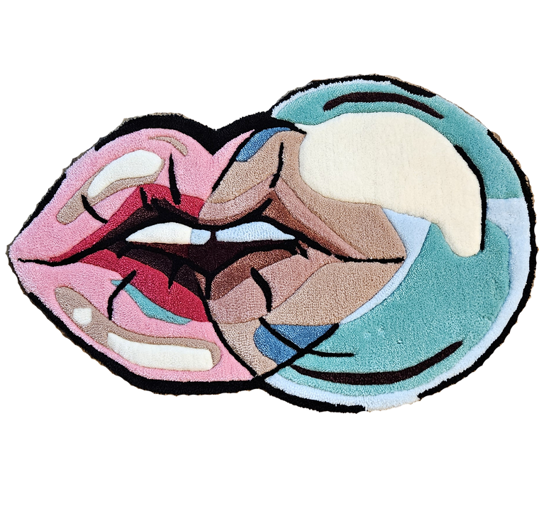 Blowing Bubbles hand-tufted lips fiber art