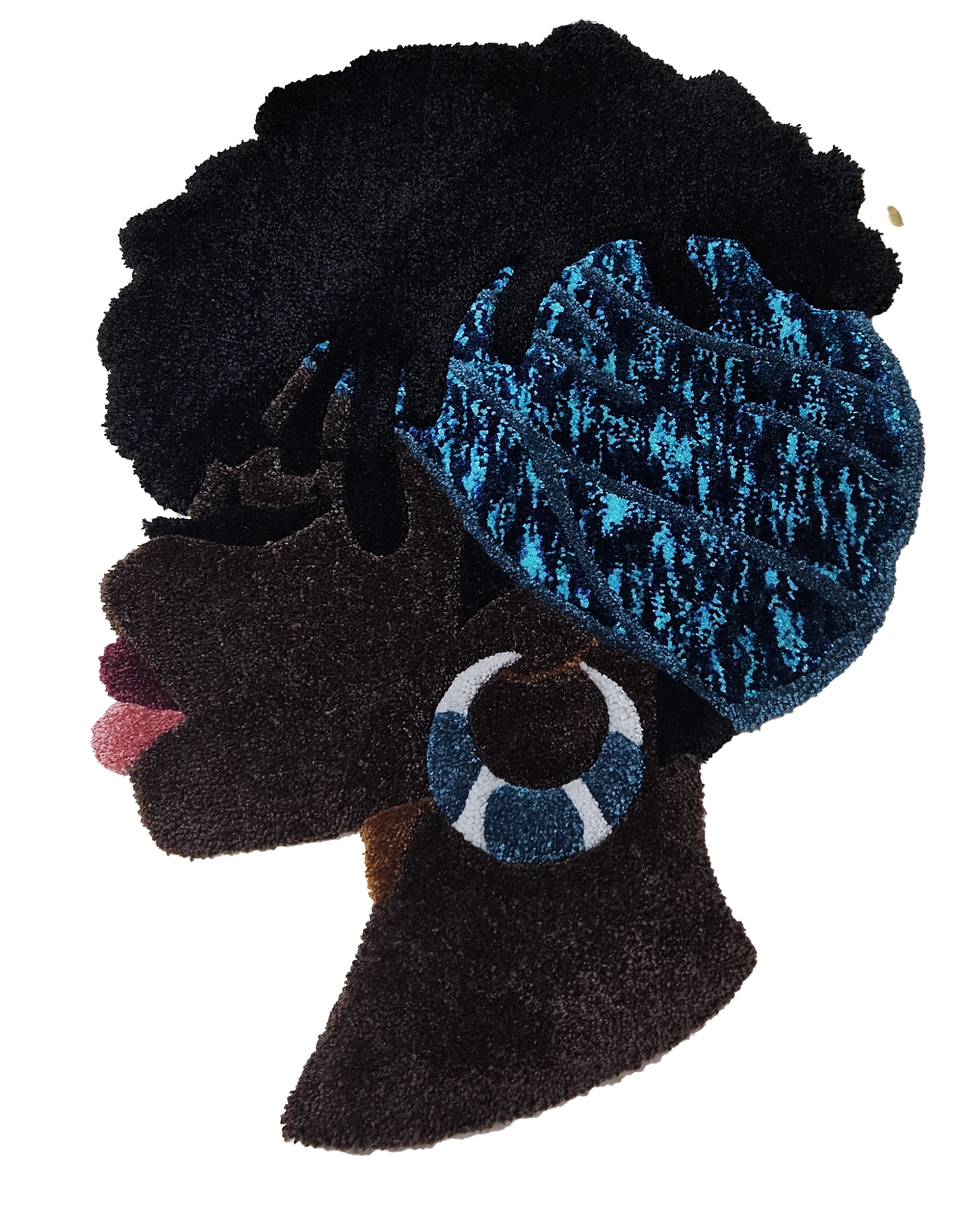 Decorative Fiber Art , profile of woman with black and brown  and blue headwrap 