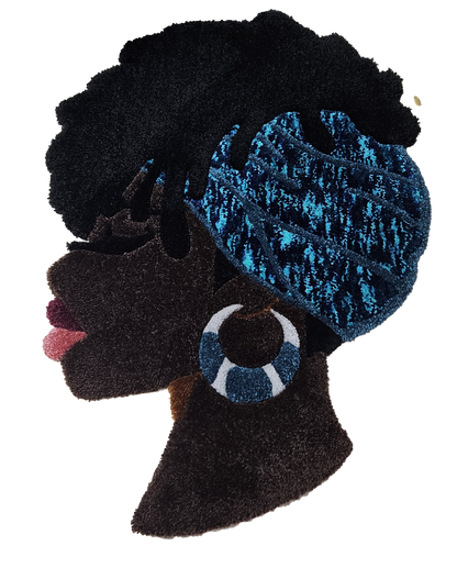 Decorative Fiber Art , profile of woman with black and brown  and blue headwrap 