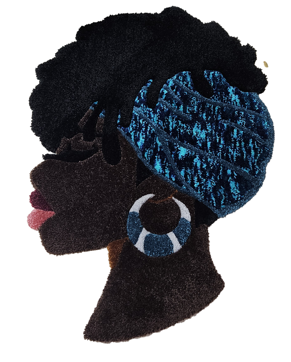 Decorative Fiber Art , profile of woman with black and brown  and blue headwrap 