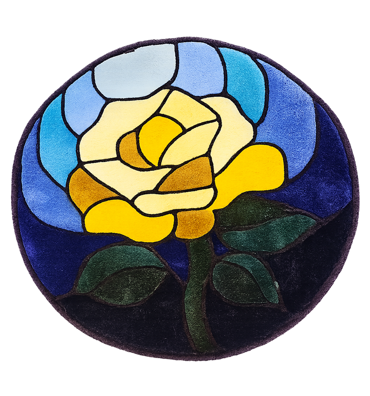 Stained Glass Rose hand-tufted functional fiber art with jewel-toned floral design
