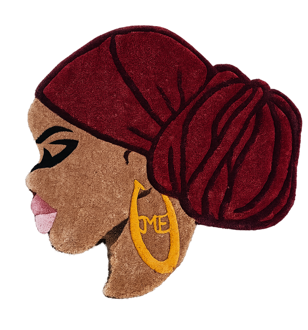 Ruby – Afrocentric Floor Textile | Burgundy Headwrap & Gold Earring Fiber Art