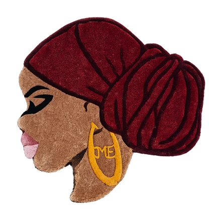 Ruby – Afrocentric Floor Textile | Burgundy Headwrap & Gold Earring Fiber Art