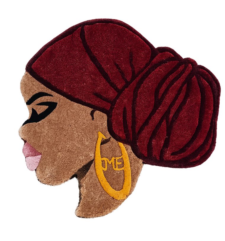 Ruby Afrocentric hand-tufted functional fiber art with burgundy headwrap and gold earring