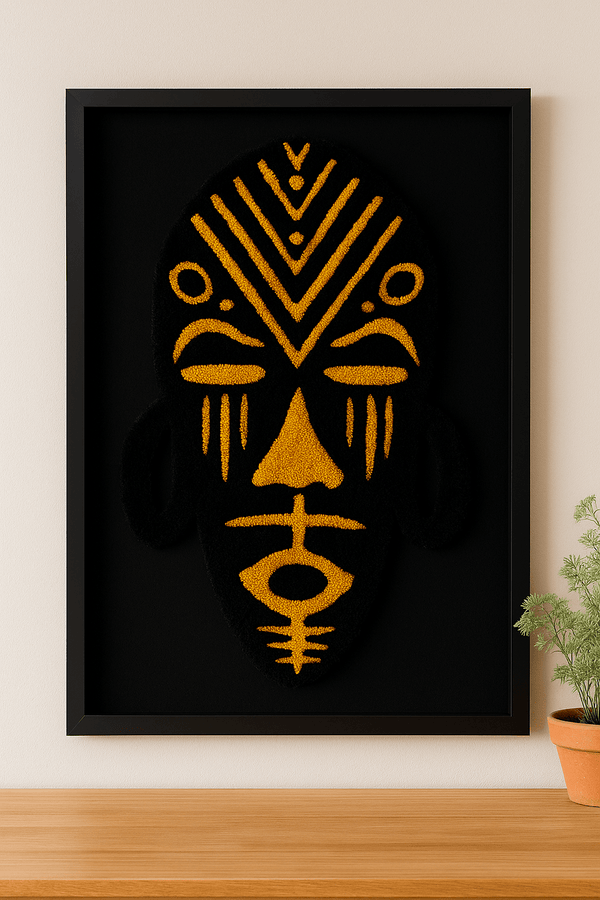 Afrocentric Rug – Golden Mystique Tribal - Inspired Fiber Art in frame - Kreative Artisan Threads