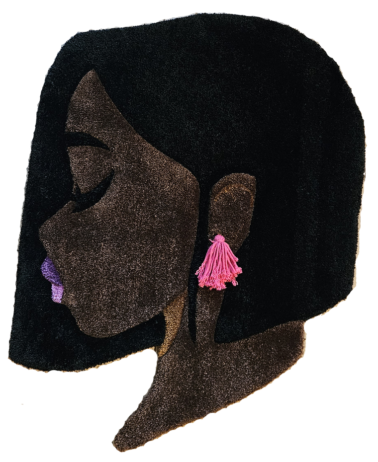 Bobbie hand-tufted Afrocentric fiber art portrait with a bob hairstyle and tassel earring