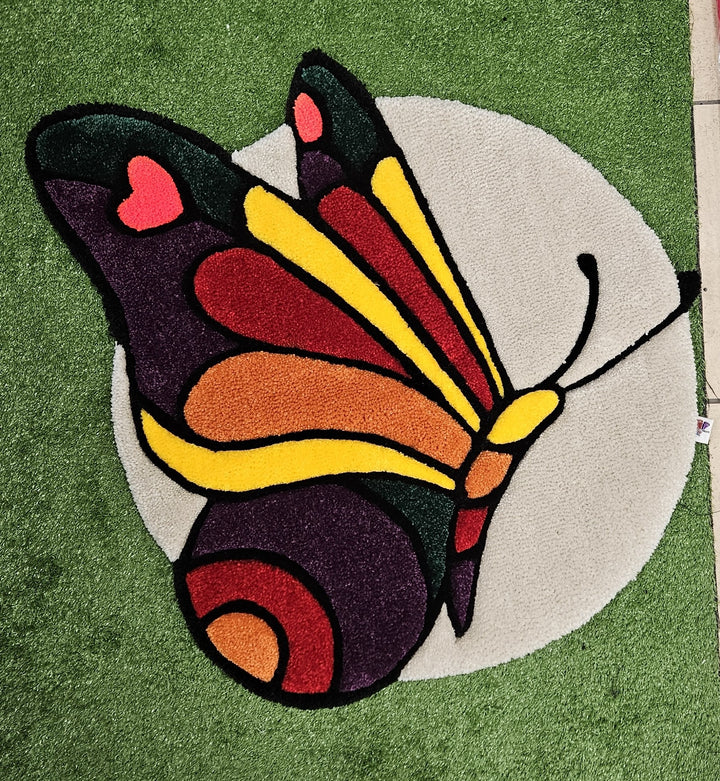 Butterfly Bloom multicolor hand-tufted functional fiber art on cream background