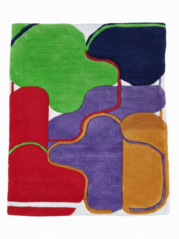 Color Connections hand-tufted functional fiber art with colorful geometric forms on a white base