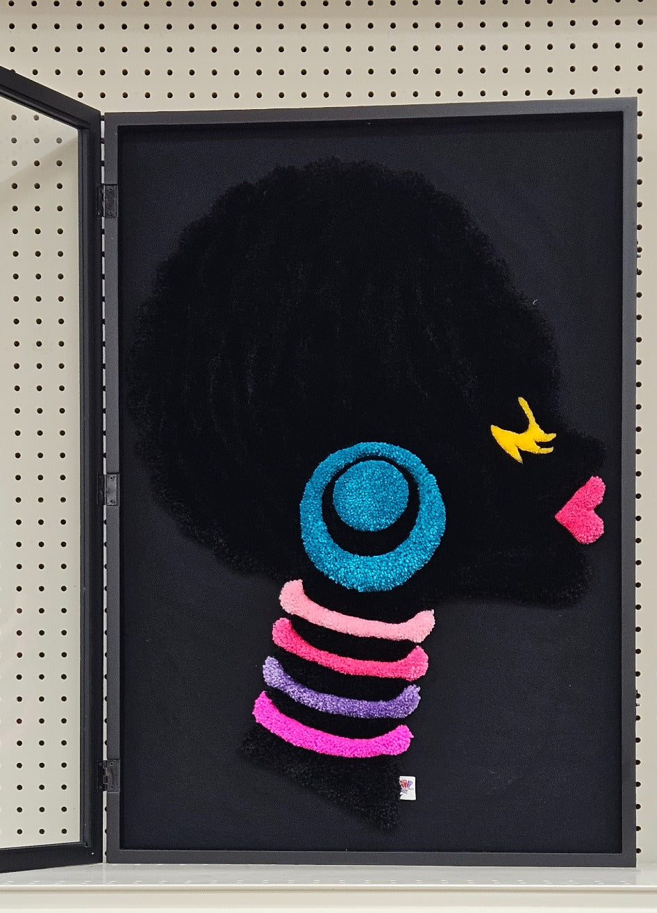 Crowned Silence black silhouette fiber art in framed display