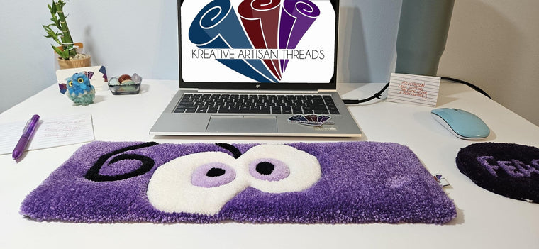 Fear Eyes hand-tufted fiber desk art duo with expressive purple eyes