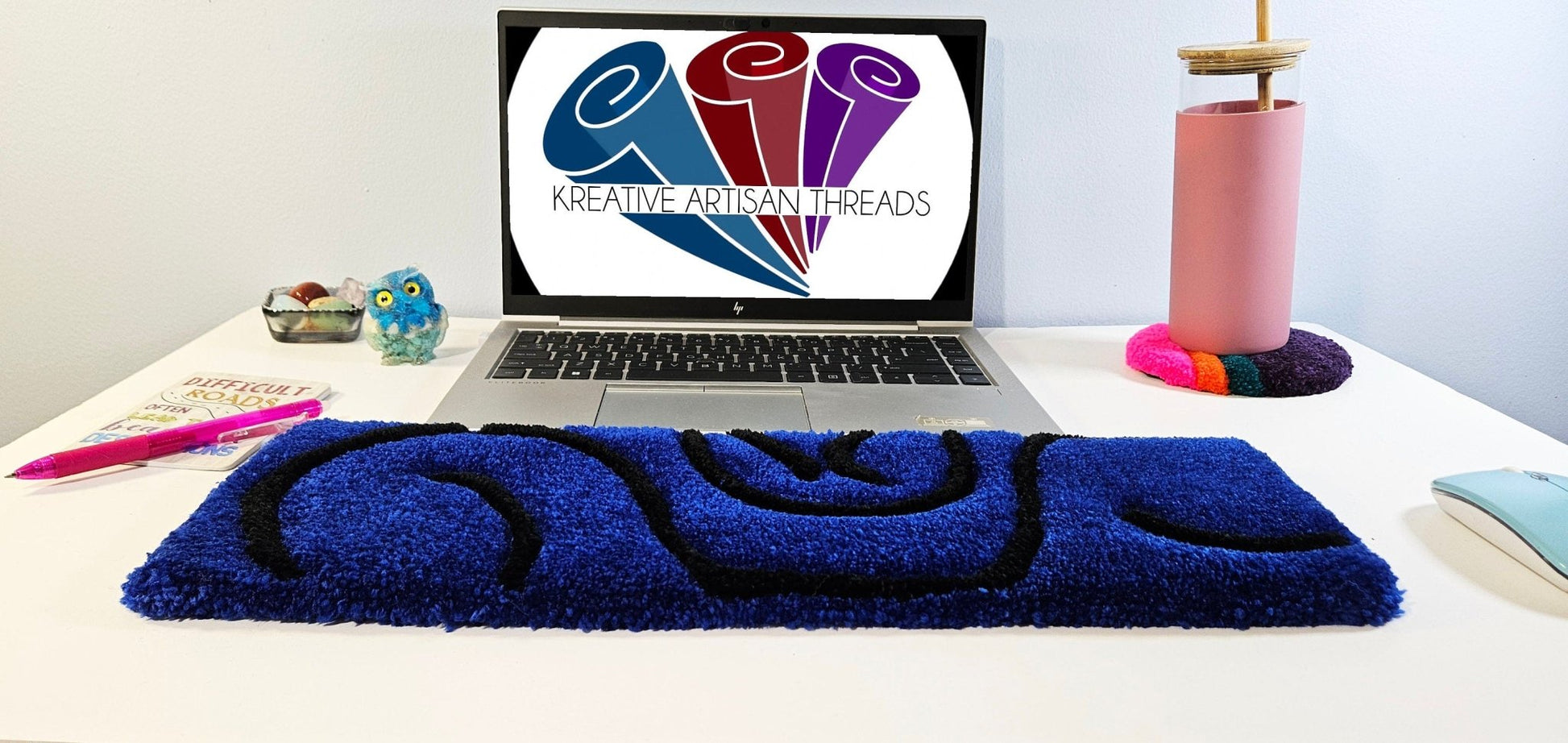 Handmade Plush Tufted Keyboard Rug - Blue Swirl - Kreative Artisan Threads