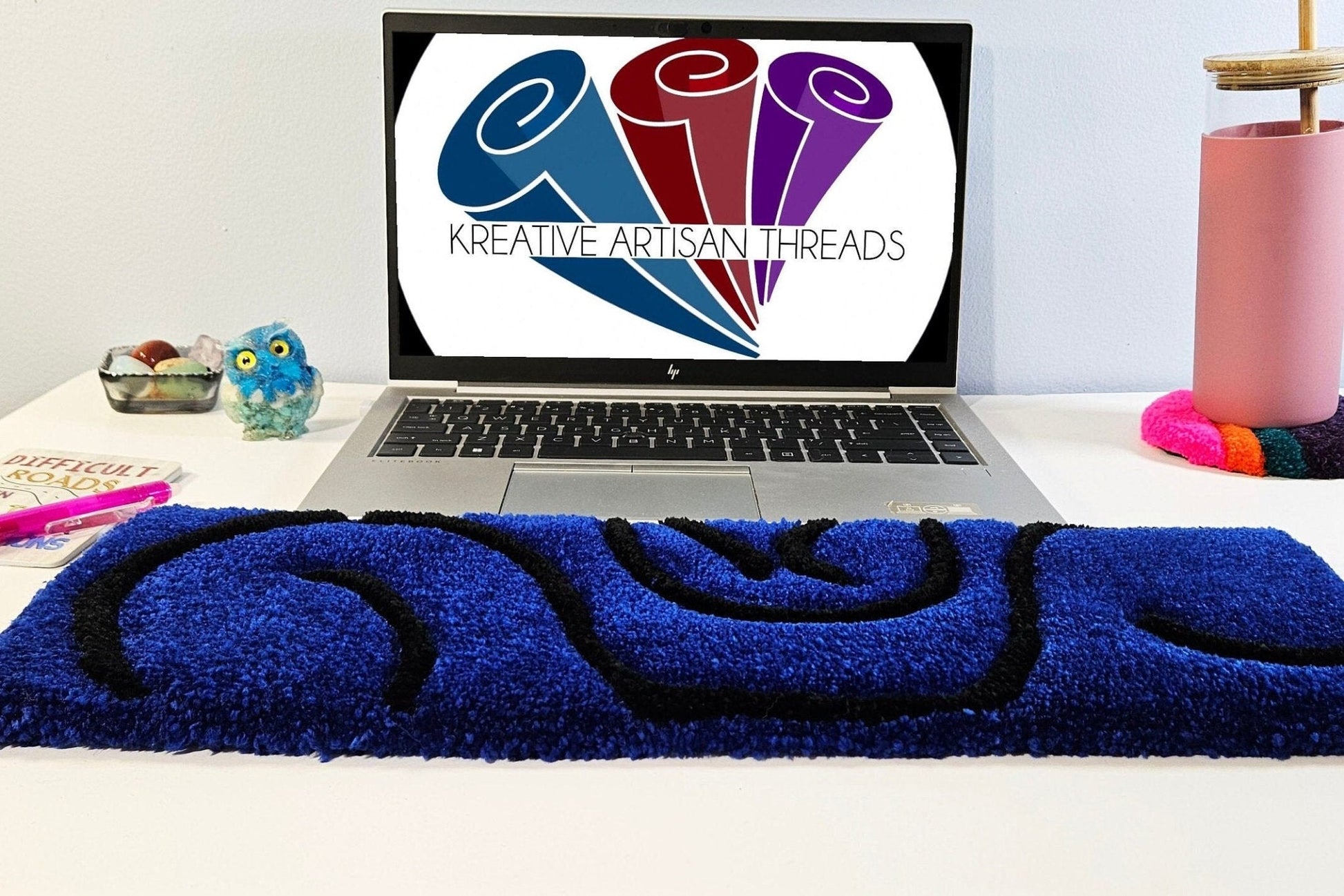 Handmade Plush Tufted Keyboard Rug - Blue Swirl - Kreative Artisan Threads