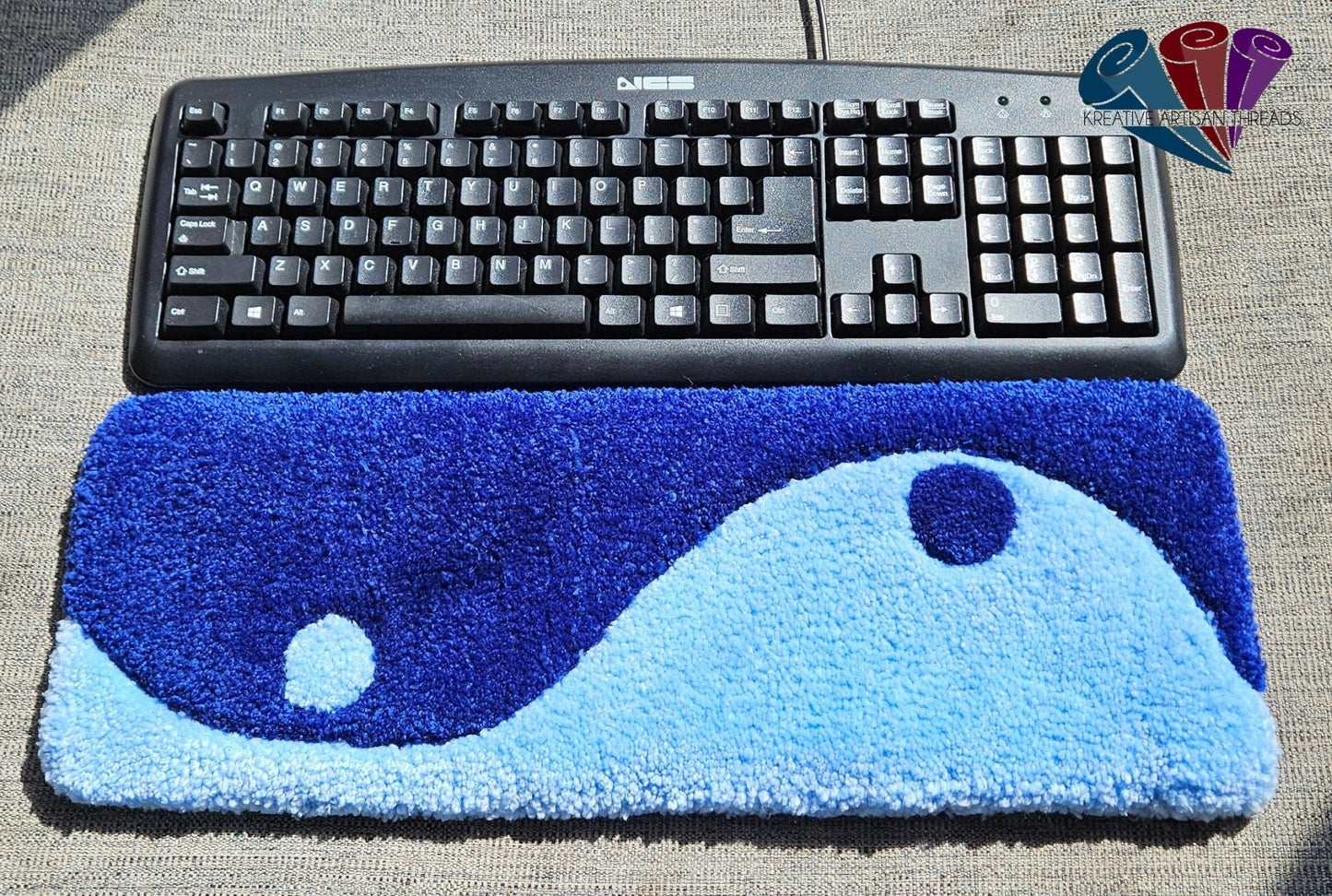 Handmade Plush Tufted Keyboard Rug - Blue Ying and Yang - Kreative Artisan Threads