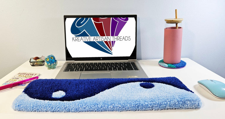Blue Yin & Yang hand-tufted fiber desk art in layered blue tones