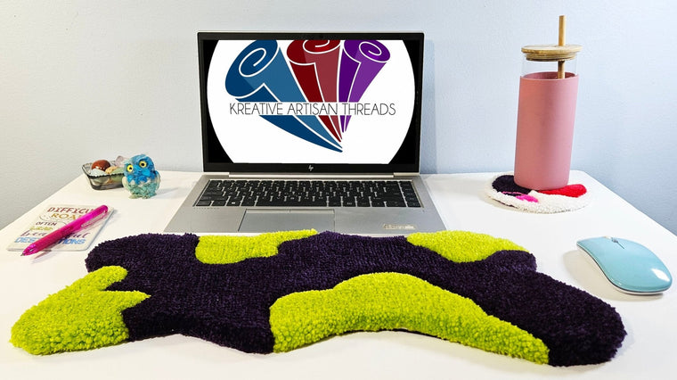 Purple Lime hand-tufted fiber desk art with purple and lime abstract pattern