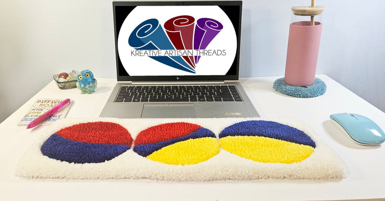 Red Light, Blue Light hand-tufted fiber desk art with colorful geometric circles