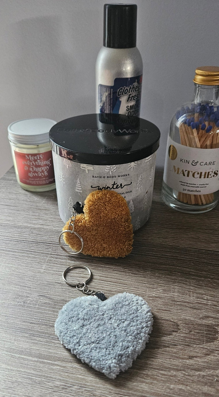 Heart hand-tufted fiber art charm and keychain with plush textile texture