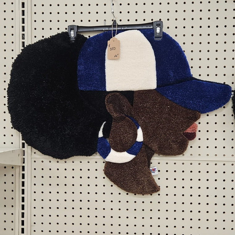 Blue and white Hey Gurl hand-tufted Afrocentric fiber art portrait with long-pile puff hair