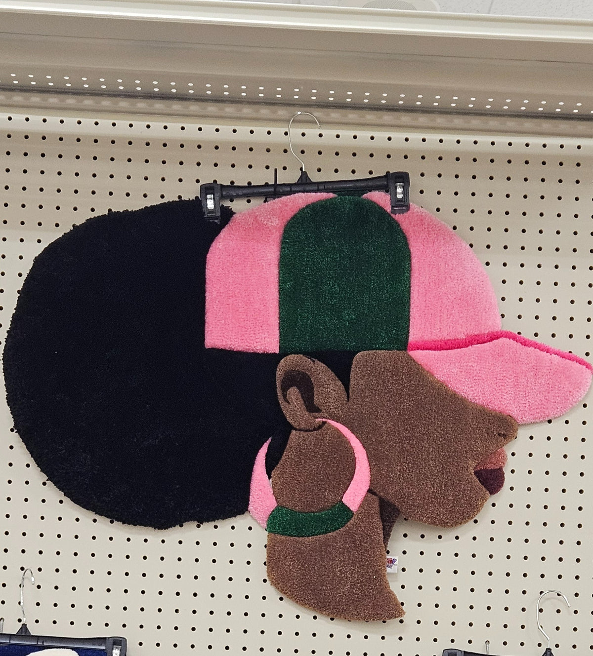 Pink and green Hey Gurl hand-tufted Afrocentric fiber art portrait with long-pile puff hair