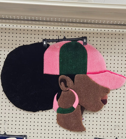 Pink and green Hey Gurl hand-tufted Afrocentric fiber art portrait with long-pile puff hair