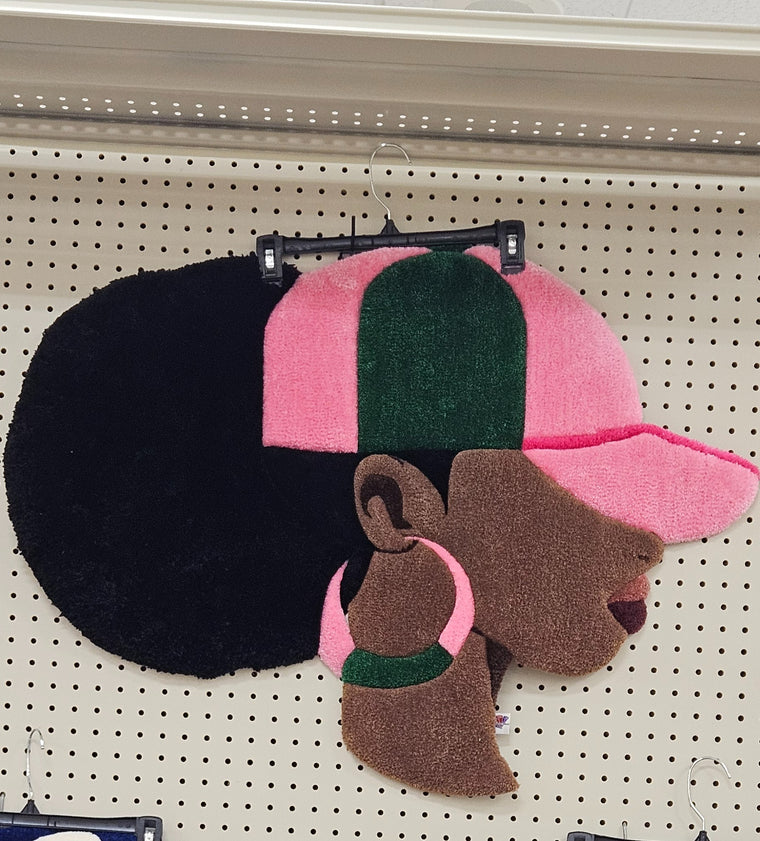 Pink and green Hey Gurl hand-tufted Afrocentric fiber art portrait with long-pile puff hair