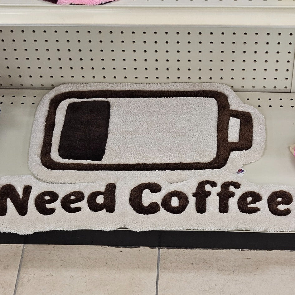 Need Coffee hand-tufted functional fiber art with coffee battery design